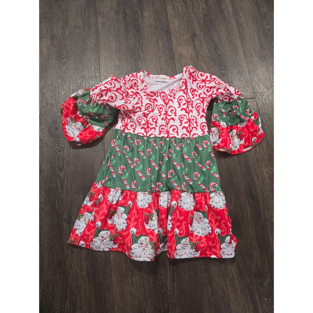Clover Cottage Apparel Girls Christmas Santa Candy Cane Ruffle Bell Sleeve Dress